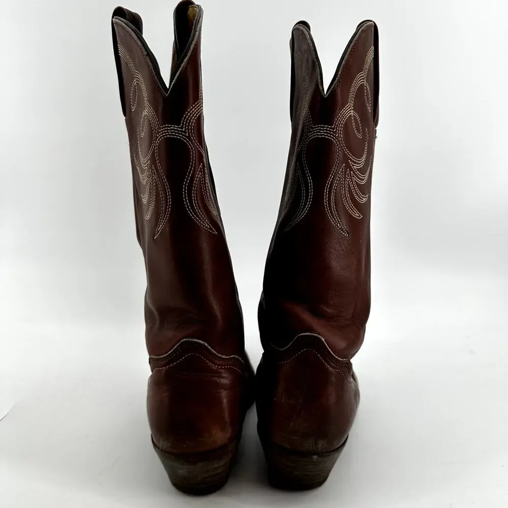 Vintage Frye Cowboy Boots Leather Calf USA Stitched Western Heel Brown 9.5EE